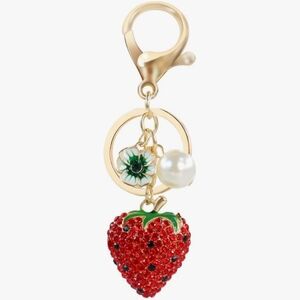 Strawberry Bag Charm, Keychain, Rhinestones, Flower, Pearls, Gold Tone